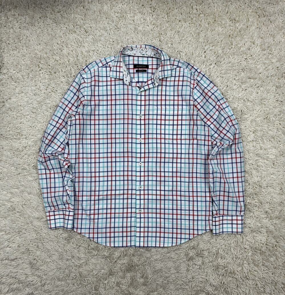 Bugatchi Mens Small Classic Fit Shirt White Blue Red Tattersall Check Fish Cuffs
